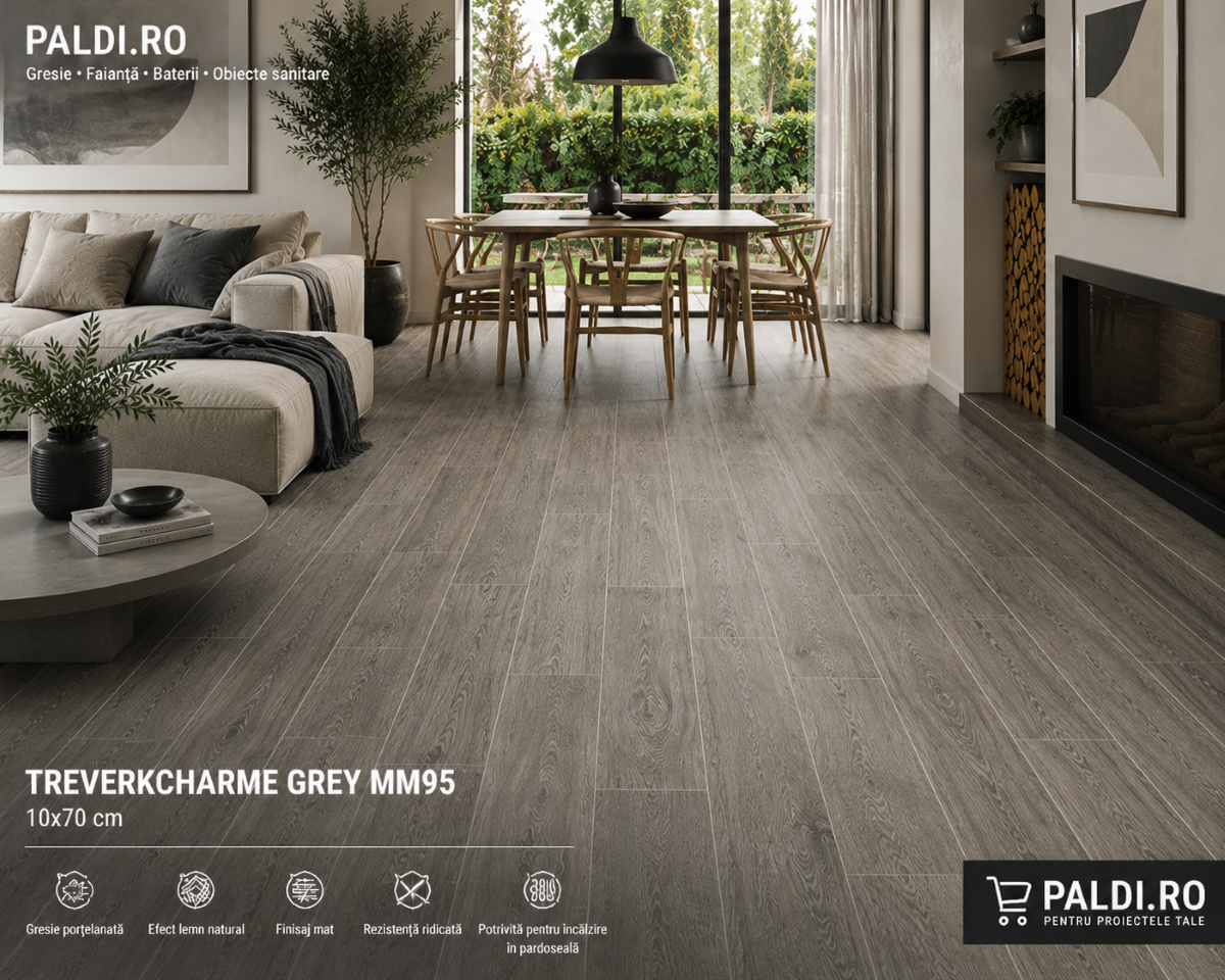 Gresie porțelanată Marazzi Treverkcharme Grey MM95 10×70 cm – Efect Lemn Mat